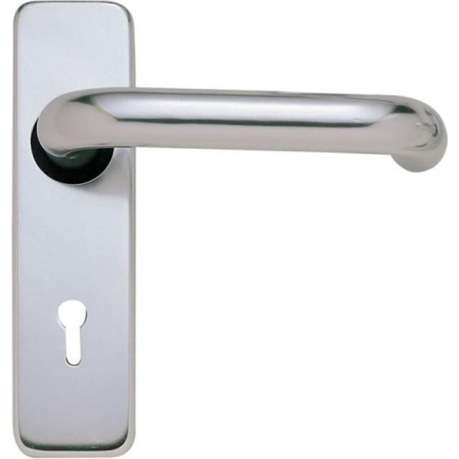 Polished aluminum internal door handle lever on backplate with keyhole for mortice lock.