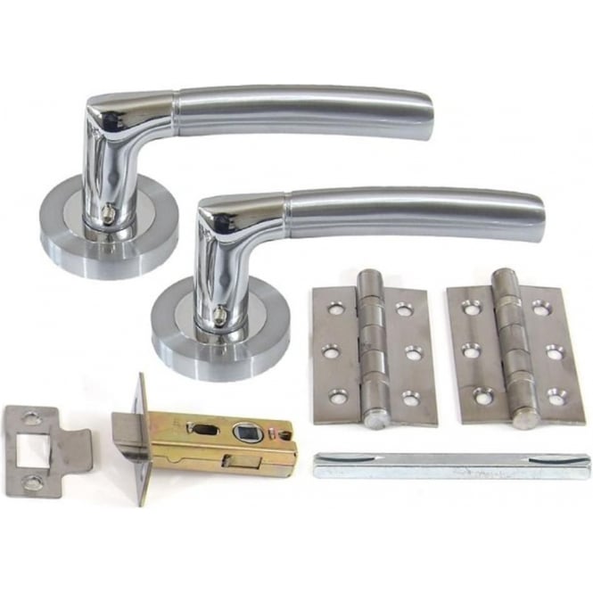 A set of internal door handles with satin and polished stainless steel finish, including two levers, spindle, hinges, and a latch.