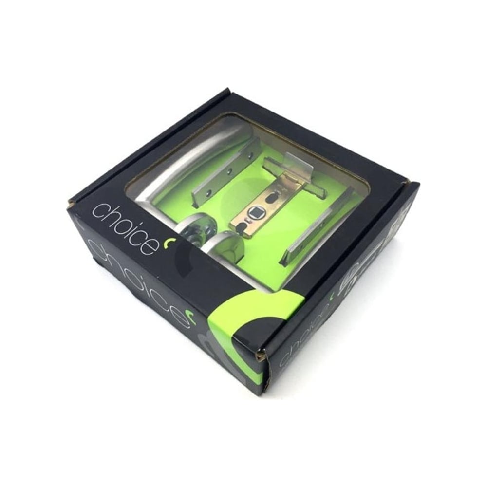 Boxed internal door handle pack with handles, hinges, and latch on green background inside black packaging labeled "choice".