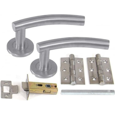 A set of silver internal door handles with satin and polished finish, including hinges and a latch, displayed on a white background.