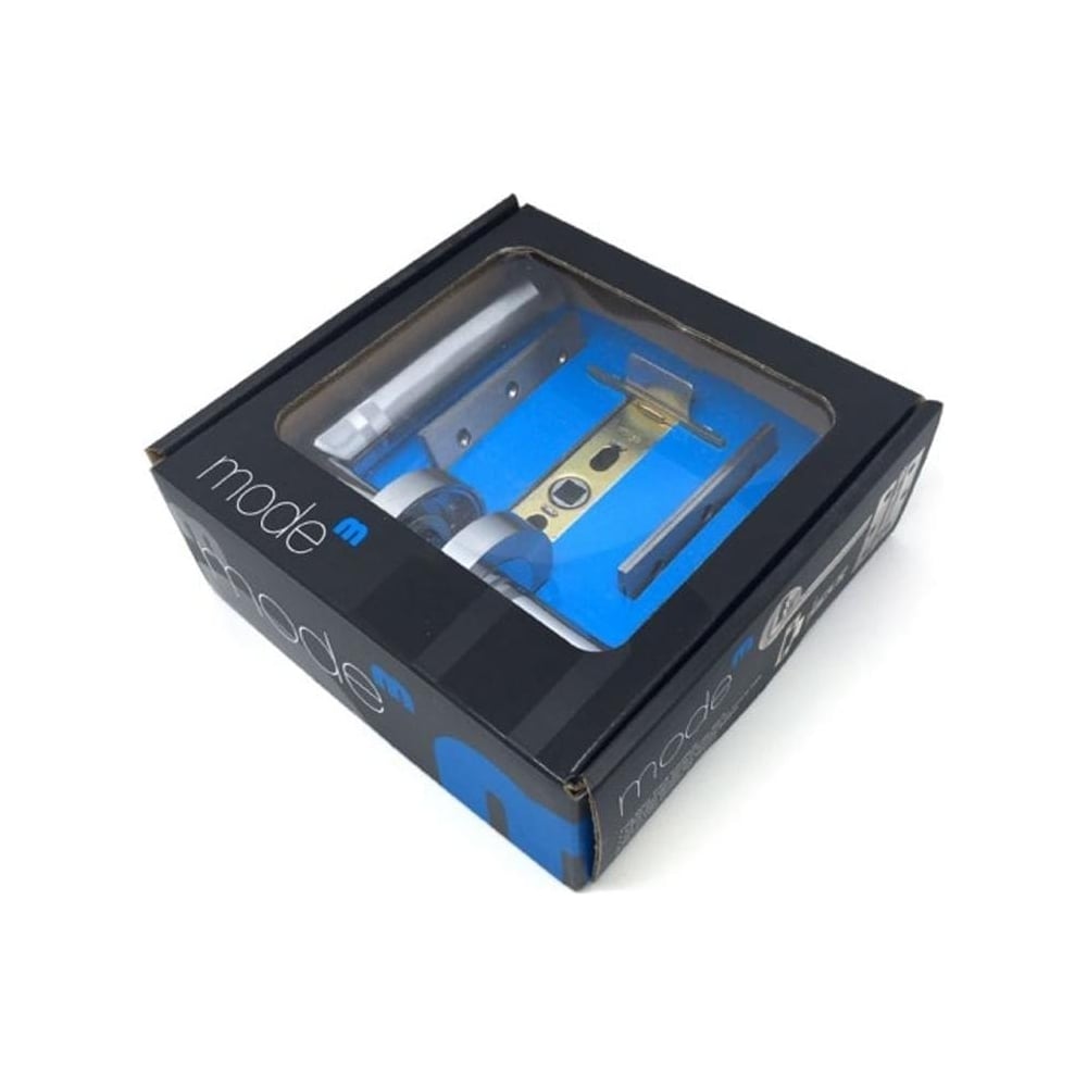 Boxed internal door handle pack containing handles, latch, and hinges with blue internal packaging.