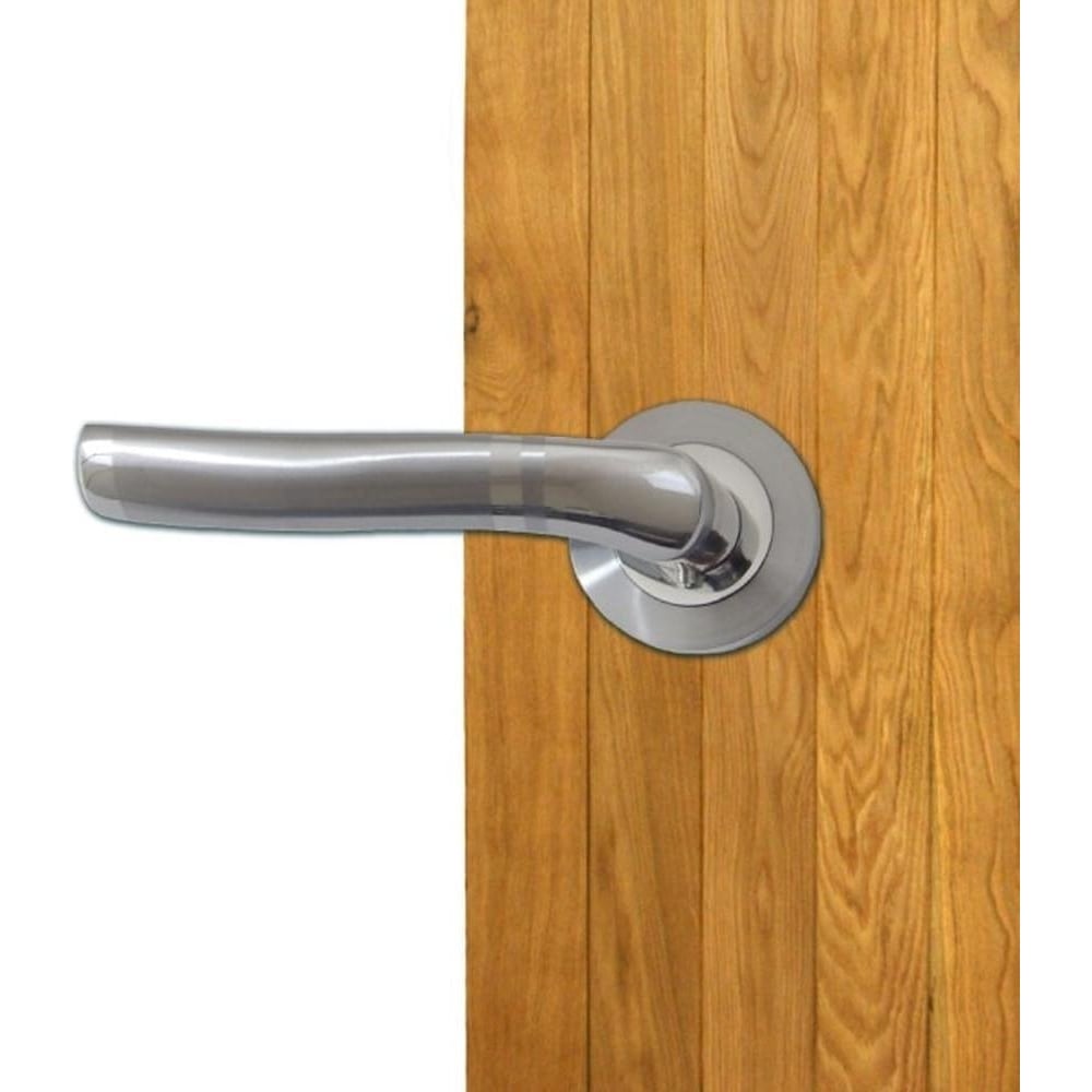 Sleek silver internal door handle installed on a wooden door.