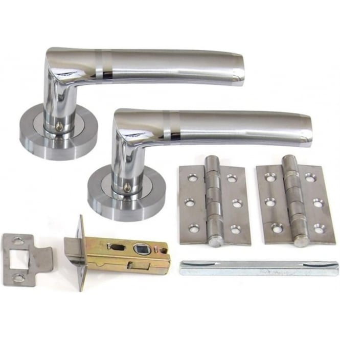 A set of silver internal door handles with accompanying hardware, including hinges and a latch, displayed on a white background.