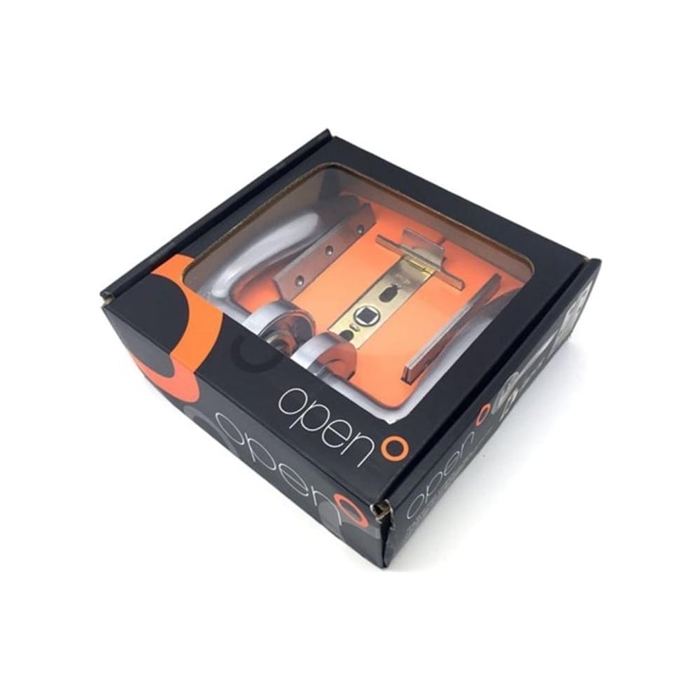 Internal door handle pack (PBX2020) shown in black retail packaging with transparent window, containing handles, hinges, and latch in an orange display tray.