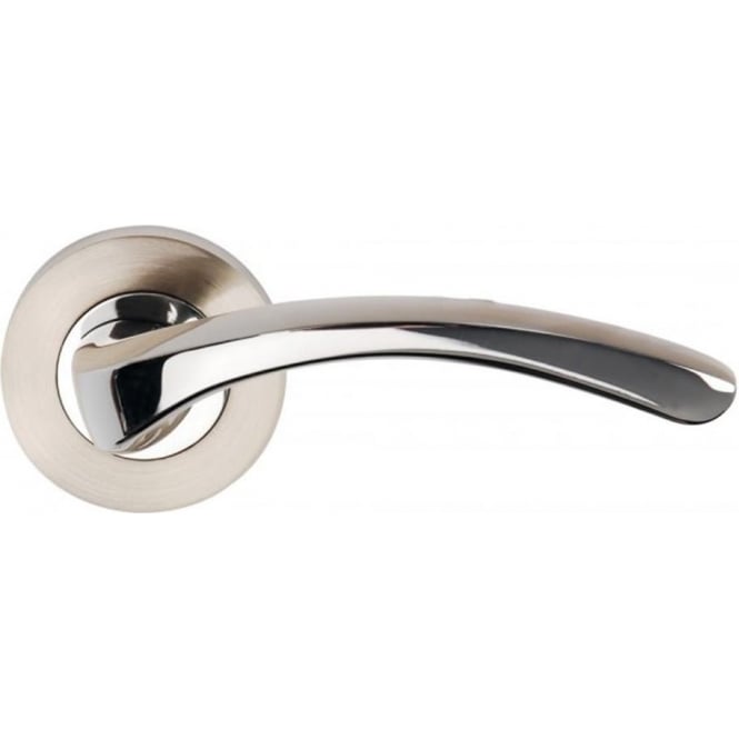A satin nickel polished chrome door handle lever on a rose.