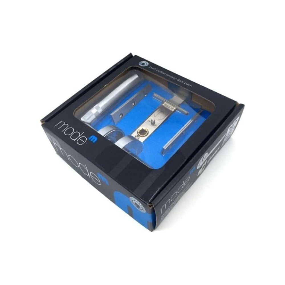 Boxed satin chrome door lock hardware kit with visible latch, strike plate, and tools.