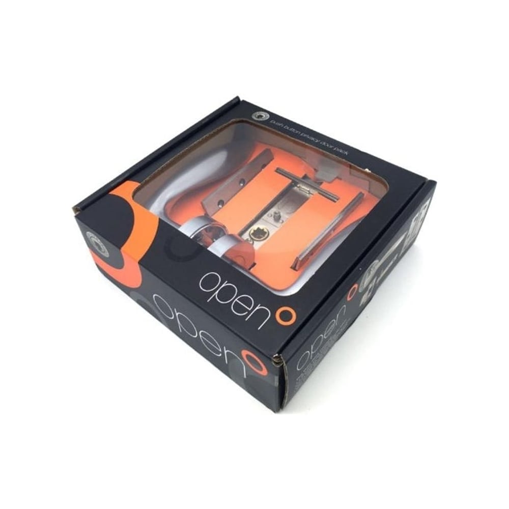 Boxed set of a modern door handle in a black and orange package labeled "Open". The packaging has a clear plastic window showing the silver handle and accompanying hardware inside. The box is tilted to show the front and side views.