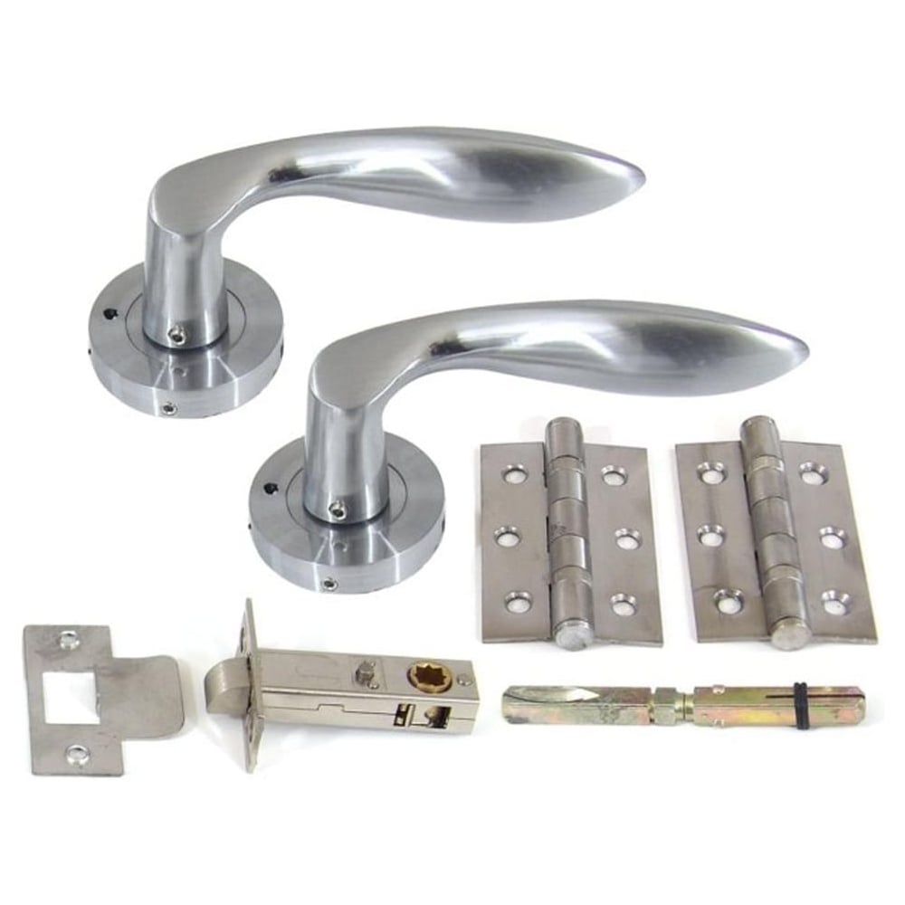 A set of silver door handles with a dual satin and polished finish, including hinges and a latch, displayed on a white background.