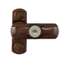 Brown locking window handle with keyhole in the center and two visible screw covers, viewed from the front against a transparent background