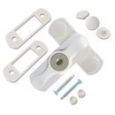 A key lockable sash jammer with components including the main locking device, button spacers, packers, and screws, primarily in white color.