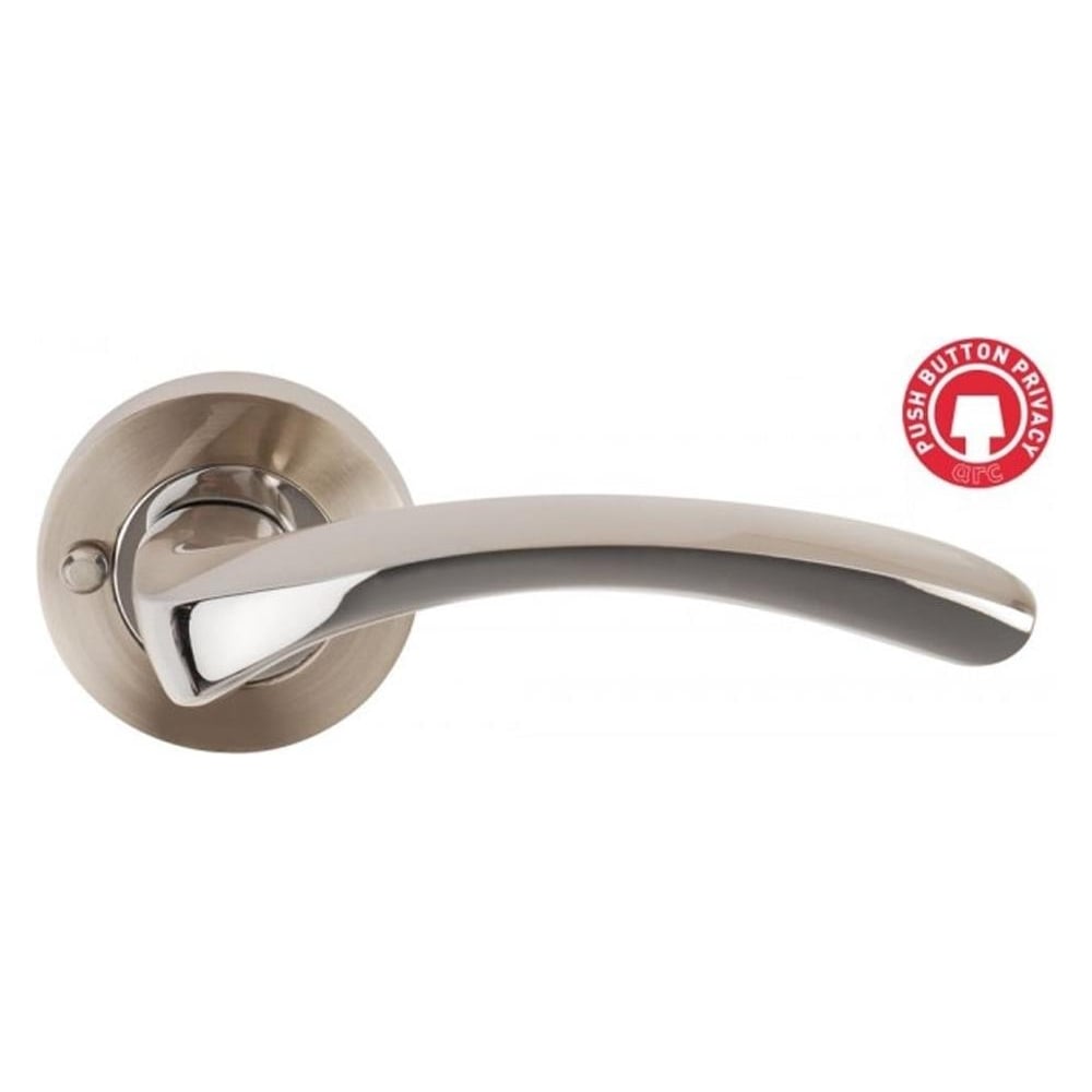 A satin nickel polished chrome door handle on rose.