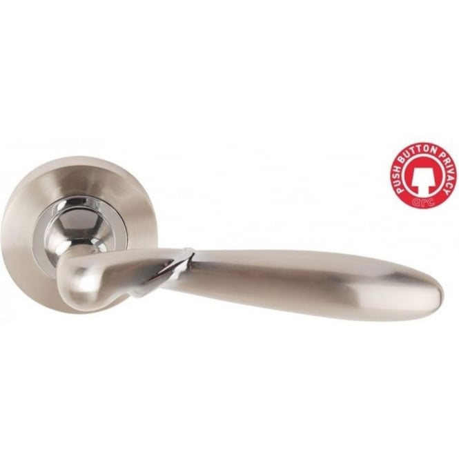 A satin nickel polished chrome designer door handle with a lever on a spindle, featuring a rose design.
