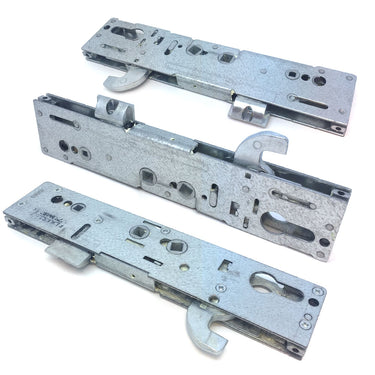 A metal door lock mechanism, typically used in centre case applications for multipoint door locks, displayed against a white background.