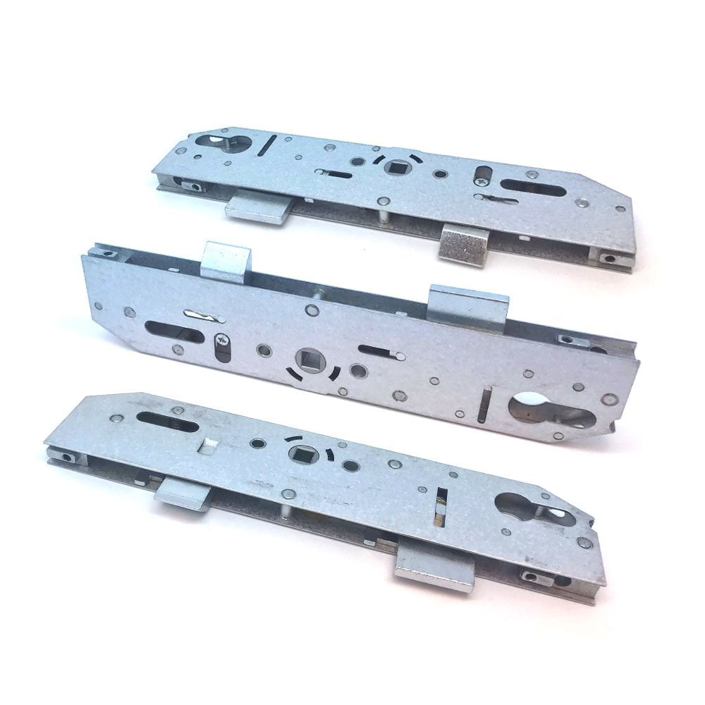 A set of metal door lock center cases designed for uPVC doors, displayed in a disassembled manner.