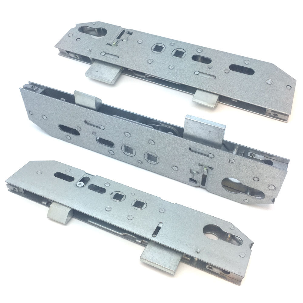 Mila uPVC door lock centre case gearbox with twin spindle design and multiple latch openings for enhanced security.
