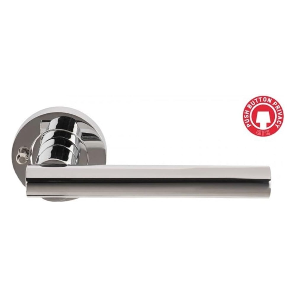 A polished chrome internal door handle with a lever on a rose, including a spindle and fixing screws.