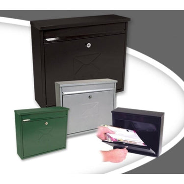 A black metal outdoor mailbox with a key lock on the top. The mailbox is shown in two different positions: fully open and with the lid closed, revealing the mail slot.