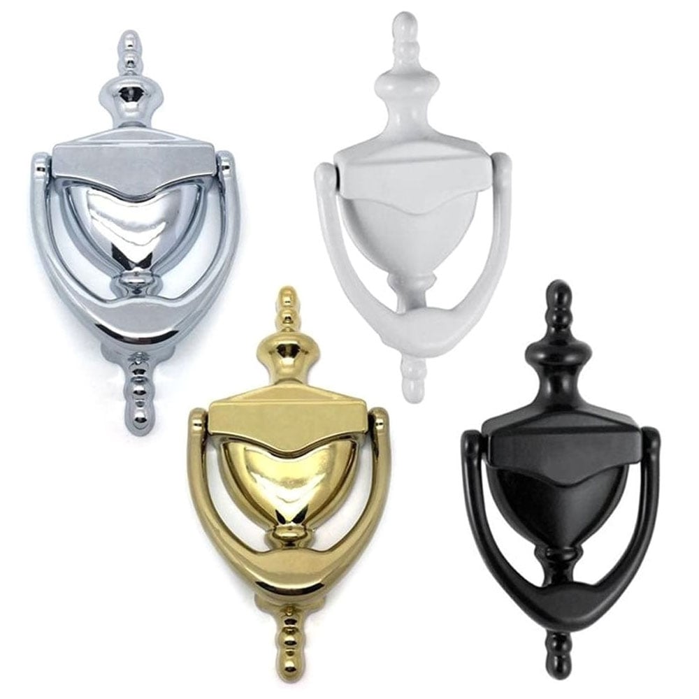 Four Victorian urn-style door knockers in different finishes: polished chrome, white, polished brass, and matte black.