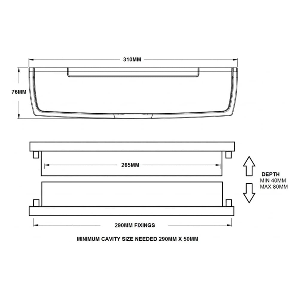 Technical drawing of a letterplate with measurements including 310mm width, 76mm height, 265mm internal width, and depth range from 40mm to 80mm. Minimum cavity size needed is 290mm by 50mm.