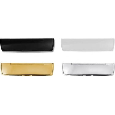 A set of premium quality letterplates in various finishes including black, white, gold, and silver, from the Hoppe complementary range.