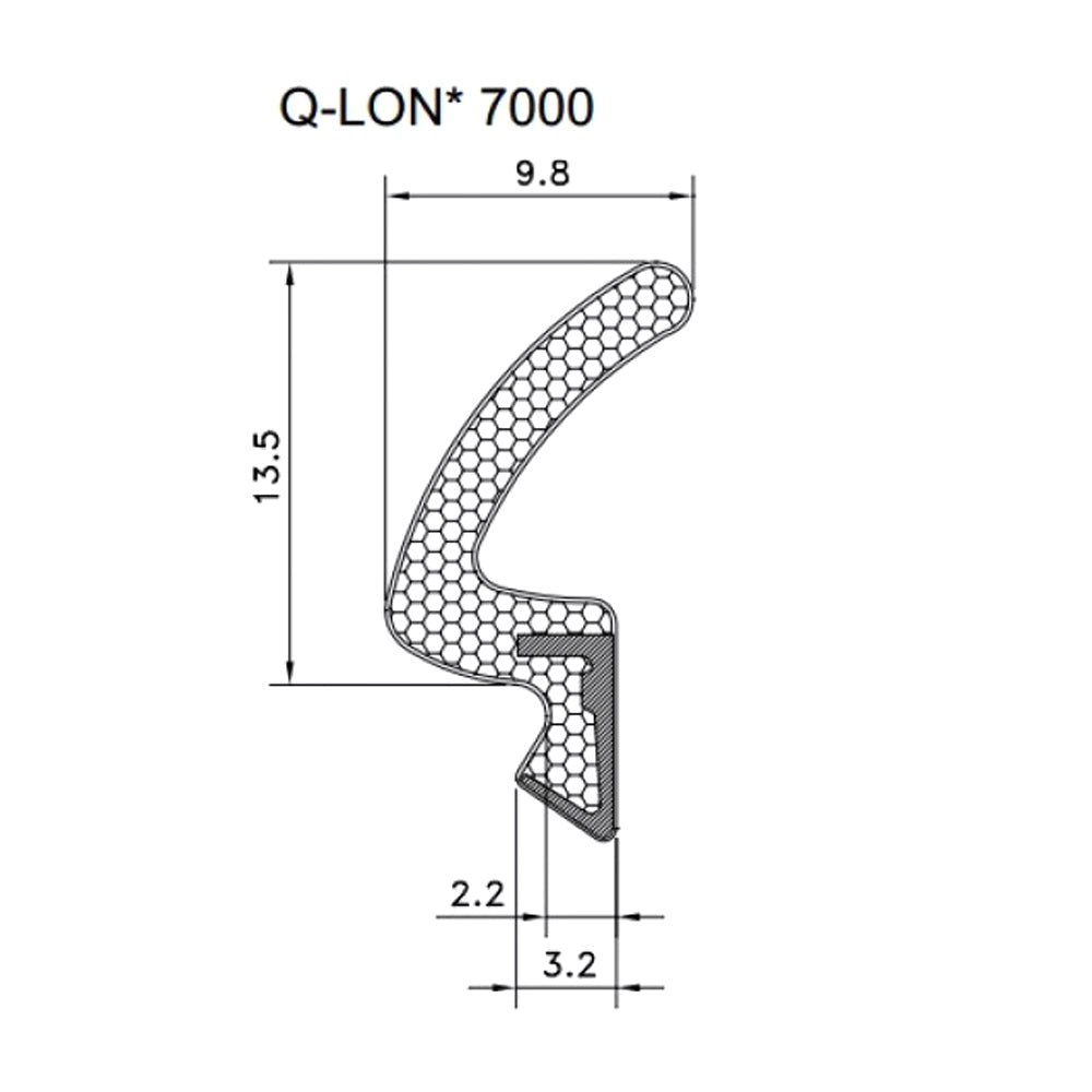 Technical drawing of Q-LON 7000 Schlegel window and door gasket weatherseal in black, showing dimensions in millimeters.