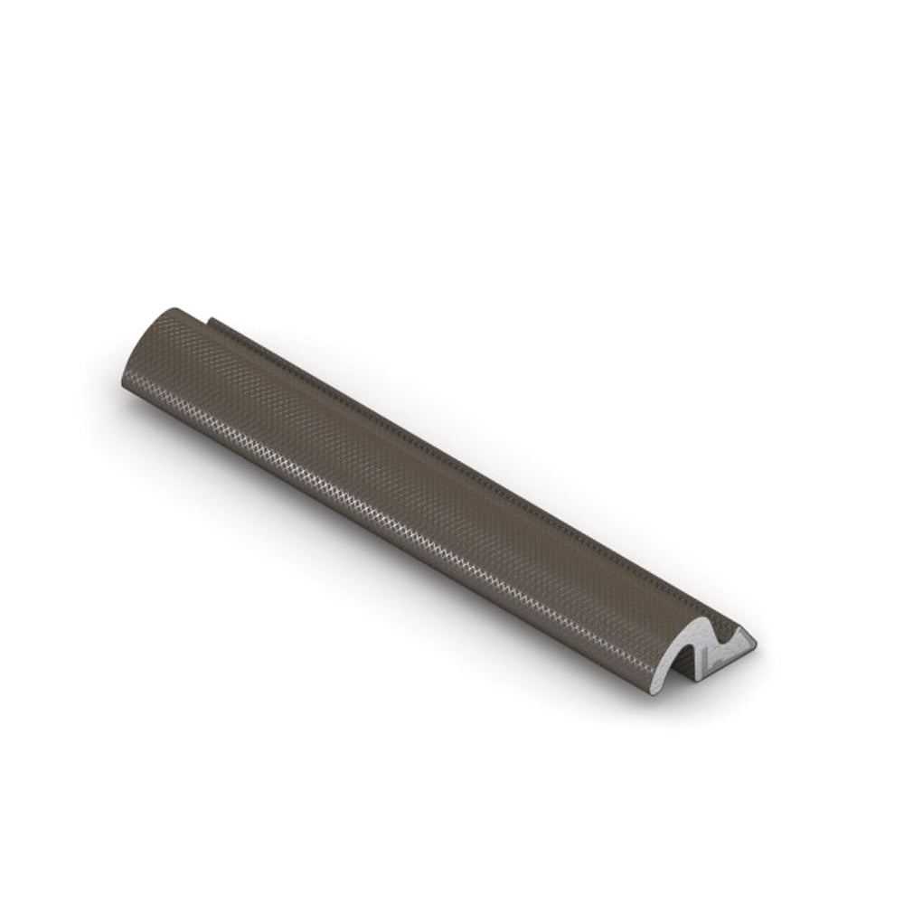 Brown rubber weatherseal strip with a curved top and a groove on the side, designed for sealing windows or doors.