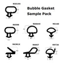 A selection of black rubber door and window seals of various shapes displayed against a white background, labeled as 'Bubble Gasket Sample Pack'.
