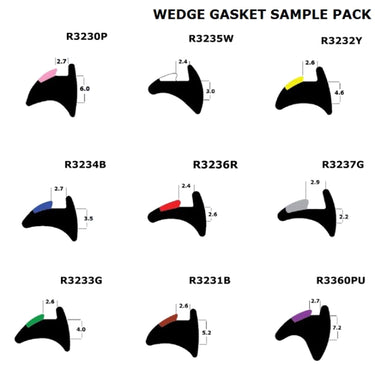 An assortment of wedge-shaped door and window seals in various colors, displayed with labels indicating their model numbers and dimensions.