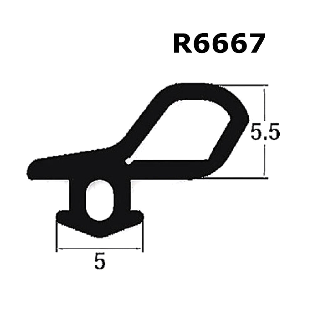 Black silhouette diagram of a gasket profile labeled R6667, showing measurements: 5 mm width and 5.5 mm height.