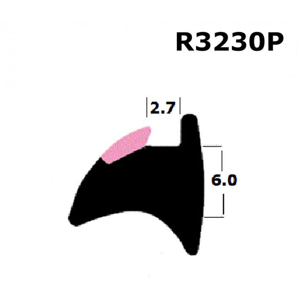 A diagram showing the dimensions of a black rubber seal for windows and doors, labeled with 'R3230P', '2.7 cm', and '6.0 cm'.