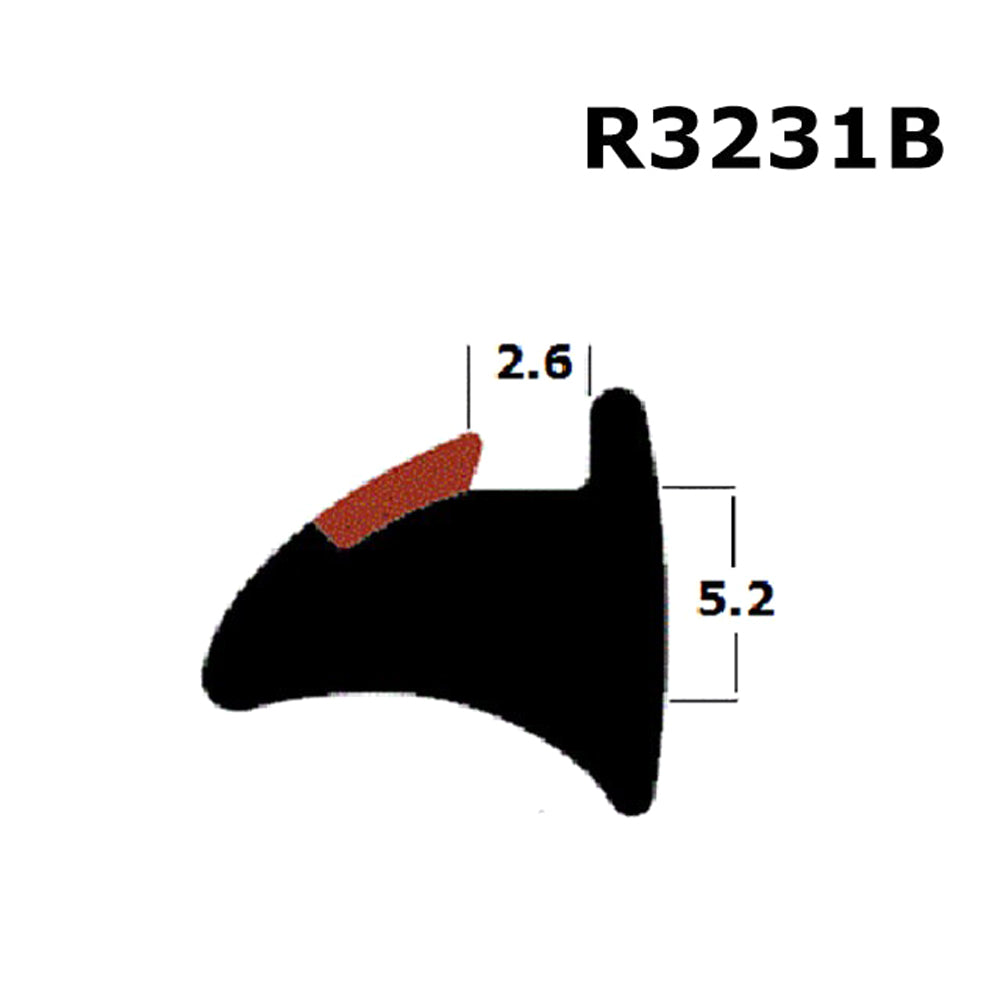 A diagram showing the shape and dimensions of a black rubber window or door gasket, labeled with 'R3231B' and measurements '2.6' and '5.