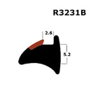 A diagram showing the shape and dimensions of a black rubber window or door gasket, labeled with 'R3231B' and measurements '2.6' and '5.
