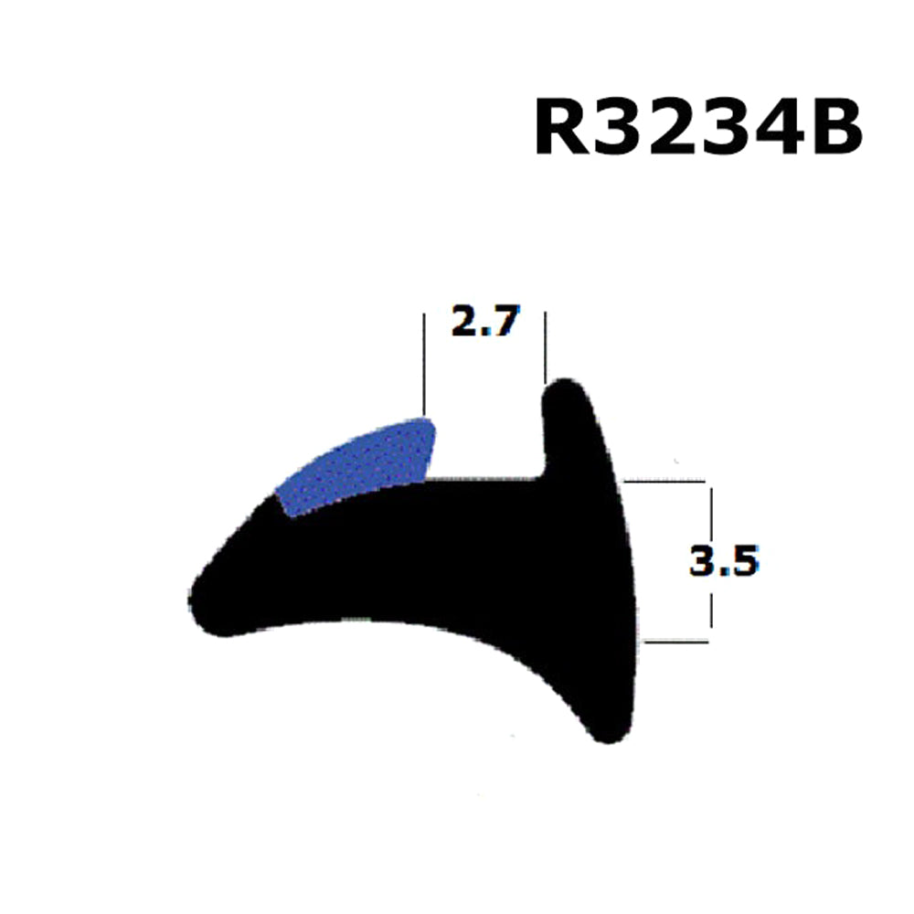A diagram showing the shape and dimensions of a black rubber seal for windows and doors, labeled with 'R3234B' and measurements '2.7' and '3.