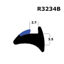 A diagram showing the shape and dimensions of a black rubber seal for windows and doors, labeled with 'R3234B' and measurements '2.7' and '3.