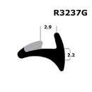 A black wedge gasket with dimensions labeled, used for sealing windows or doors.