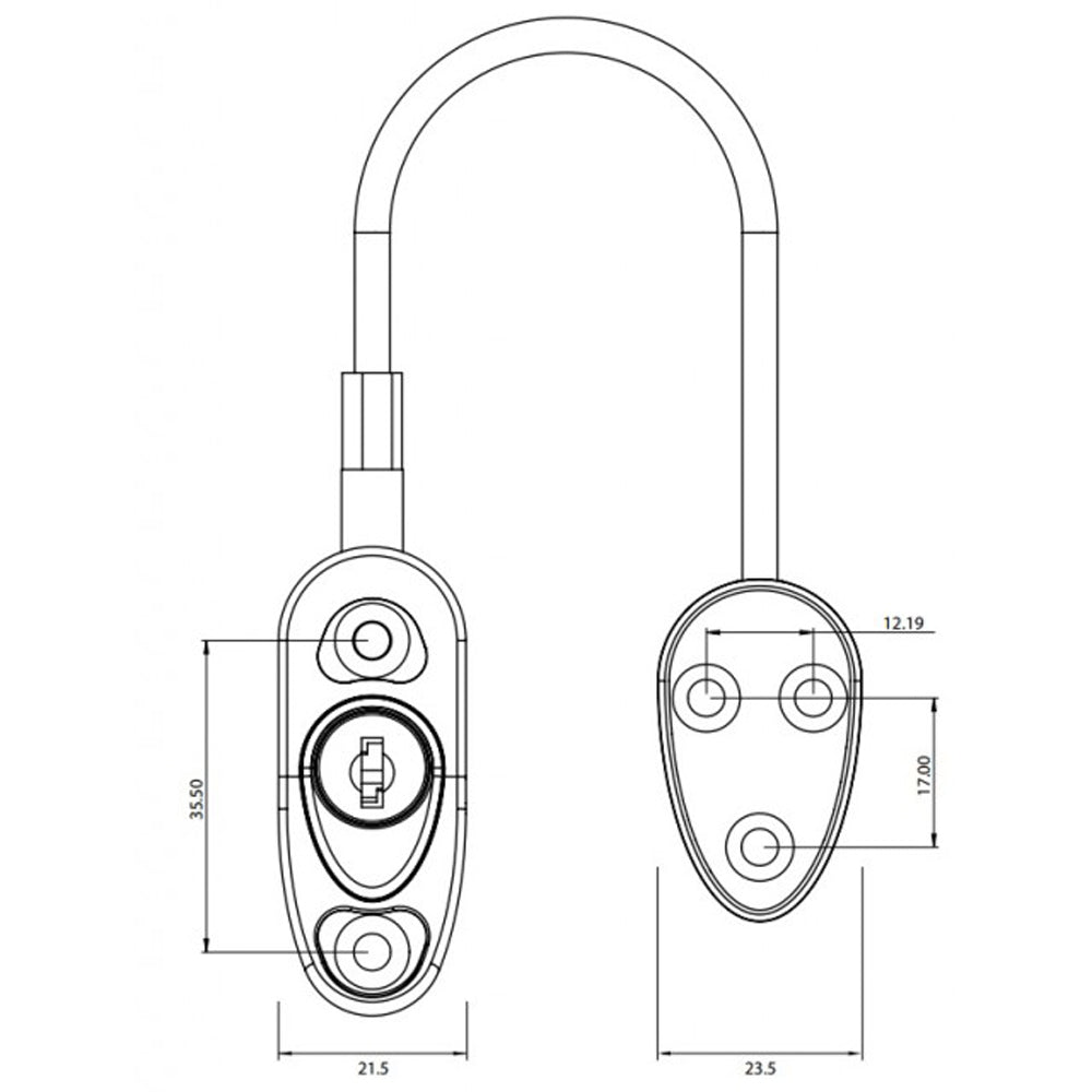 Technical diagram of a safety and security locking cable restrictor for windows and doors, showing detailed dimensions and key-operated locking mechanism.