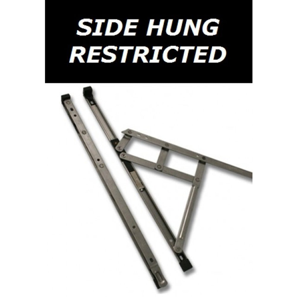 Side hung restricted window hinge in stainless steel, shown in an open position, designed for enhanced security and limited window opening.