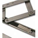 Close-up view of a security restricted window hinge (friction stay) in stainless steel, showing the pivoting arms and locking mechanism.