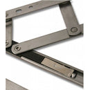 Close-up view of a security restricted window hinge (friction stay) in stainless steel, showing the pivoting arms and locking mechanism.