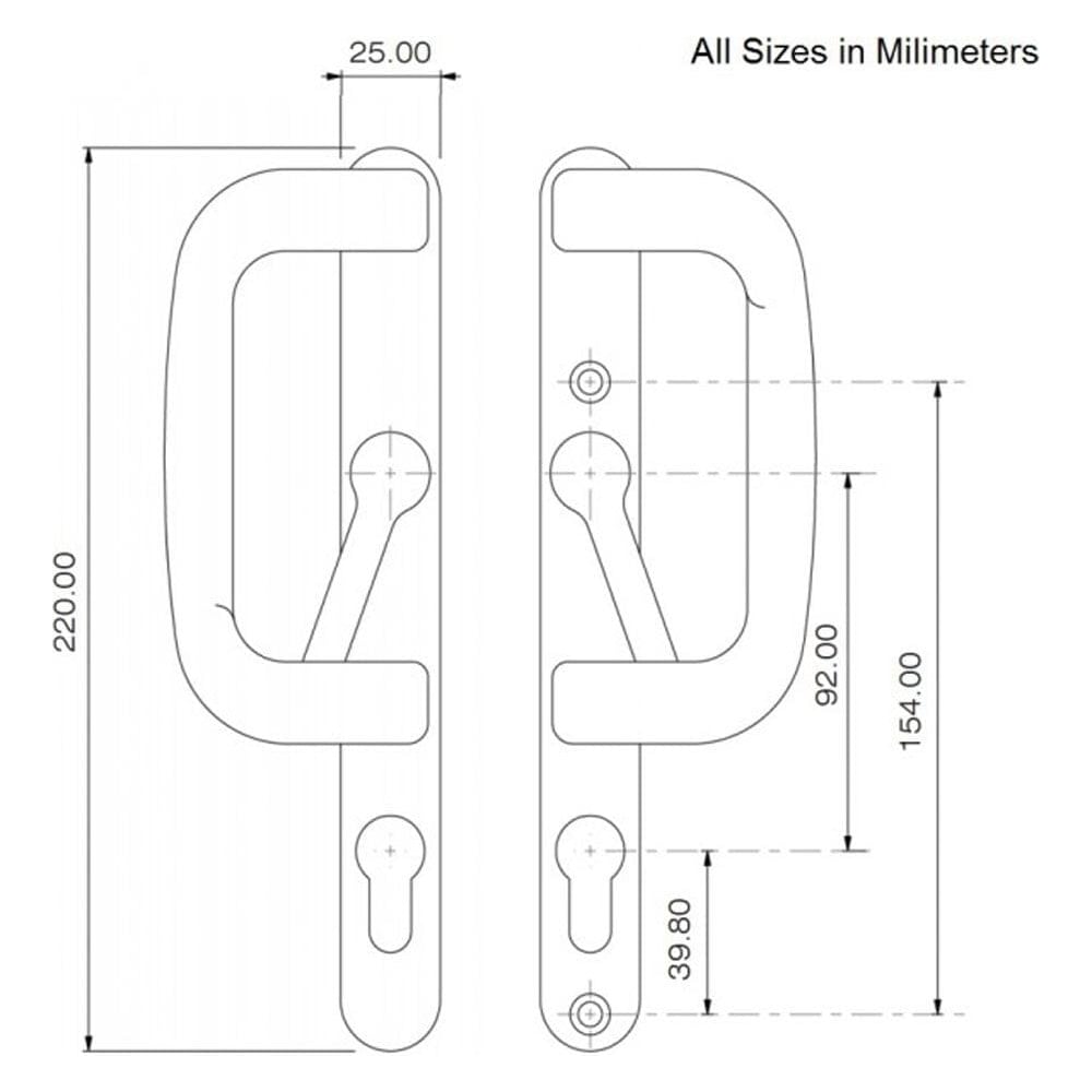 Technical drawing of sliding patio door handles with detailed measurements in millimeters, showing front and side views.