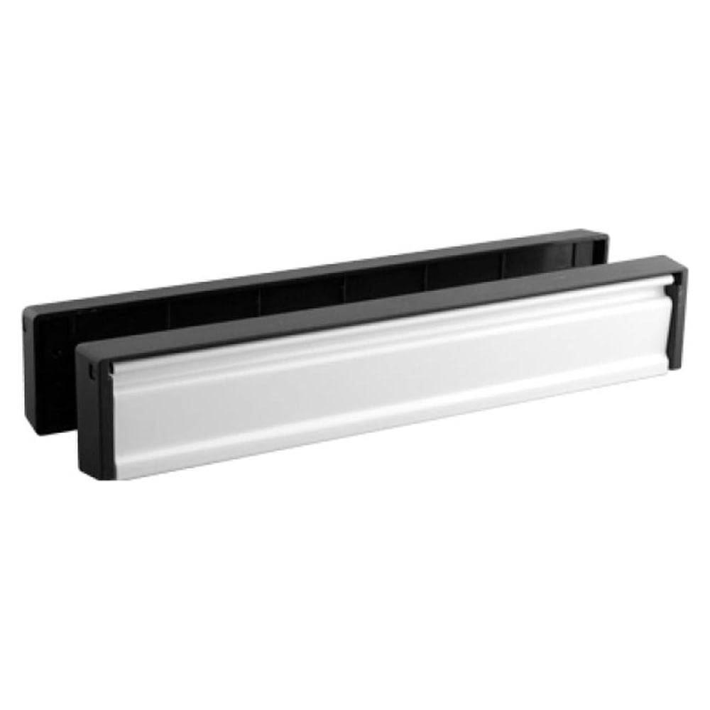 Slimline uPVC door letterbox with black frame and silver flap.
