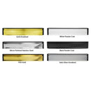 A set of four Slimline uPVC door letterboxes in different finishes: gold anodized, white powder coat, black powder coat, and satin silverized. Each letterbox has a reflective brush seal and a flap that is capable of opening 180 degrees.