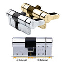 An image showing a Thumb Turn Avocet ABS High Security Euro Cylinder in silver and gold colors, with a visual representation of the internal (A) and external (B) parts of the cylinder.