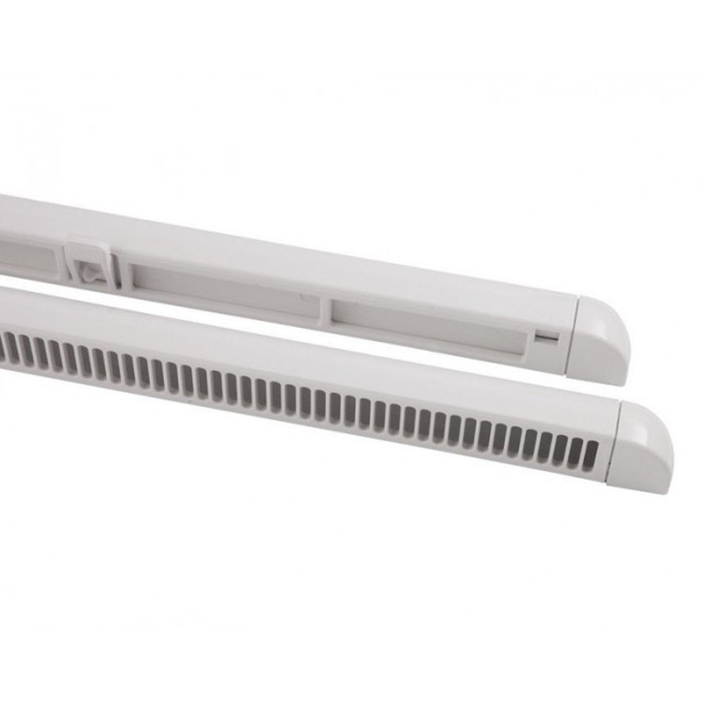 A white trickle vent for uPVC and timber windows, consisting of an internal lever-operated mechanism and an external canopy with a fly-screen.