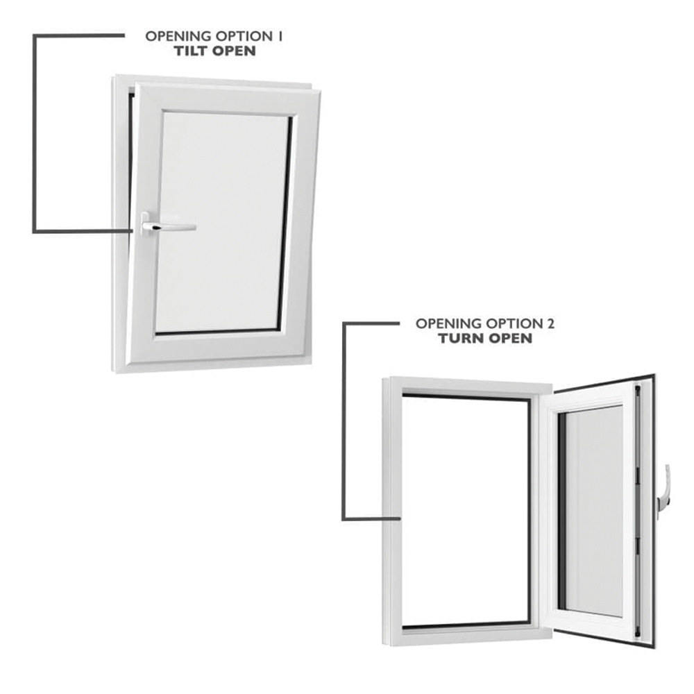 "Illustration showing two window opening options. Opening Option 1: Tilt open, where the top of the window tilts inward. Opening Option 2: Turn open, where the window swings fully open on side hinges