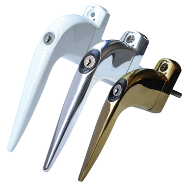 A set of three Trojan Sparta tilt and turn uPVC window handles in white, silver, and bronze colors.