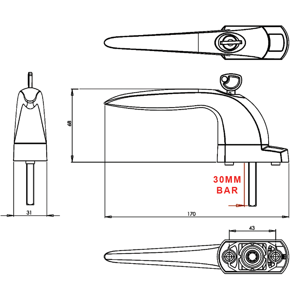 Technical drawing of a window handle with lock, showing four views: side, front, top, and bottom. Dimensions are marked, including overall length 170mm, height 68mm, width 31mm, and a 30mm bar projection