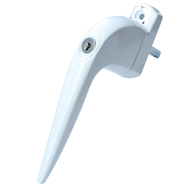 White-colored window handle with an integrated lock cylinder and a square spindle protruding from the back for mounting
