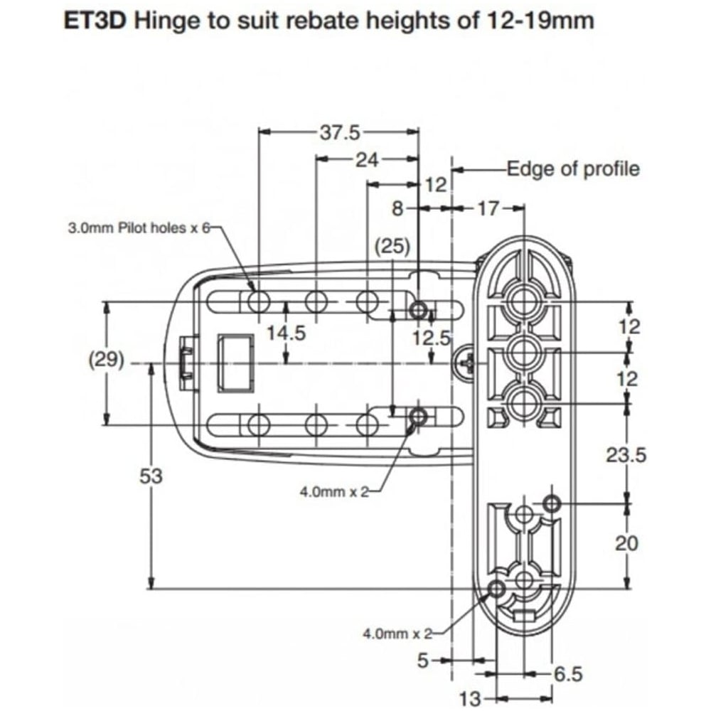 Technical drawing of ET3D UPVC 3D Door Flag Hinge with detailed measurements for rebate heights of 12-19mm.