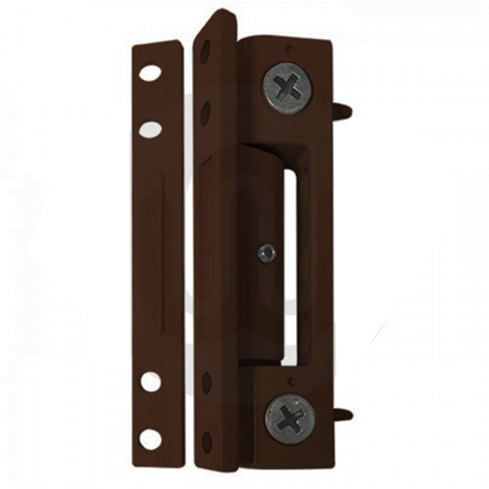 Brown surface-mounted window or door security lock with two visible screw heads and an accompanying strike plate, featuring multiple mounting holes